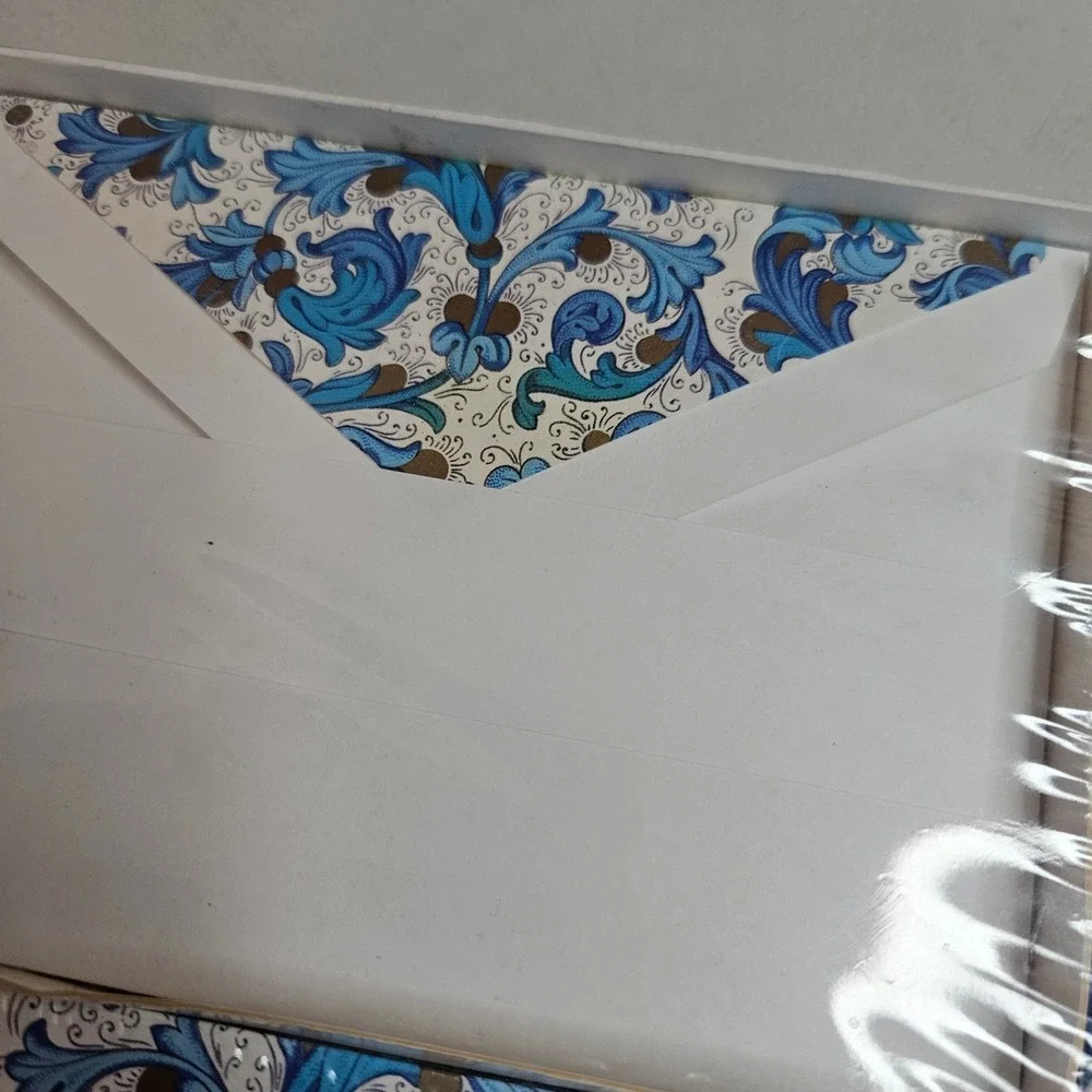 Contemporary Assortment Stationery Set 60pc Floral Box Blue Damask Envelopes NEW